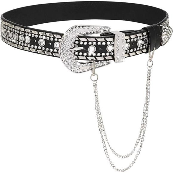 XZQTIVE Rhinestone Studded Western Leather Belt Vintage Bling Waist Belts main image 5